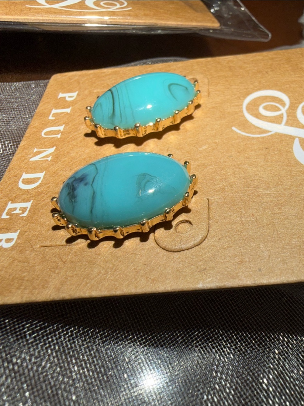 Plunder Turquoise Teal Marbled Oval Stud Earrings in Gold - Picture 2 of 4